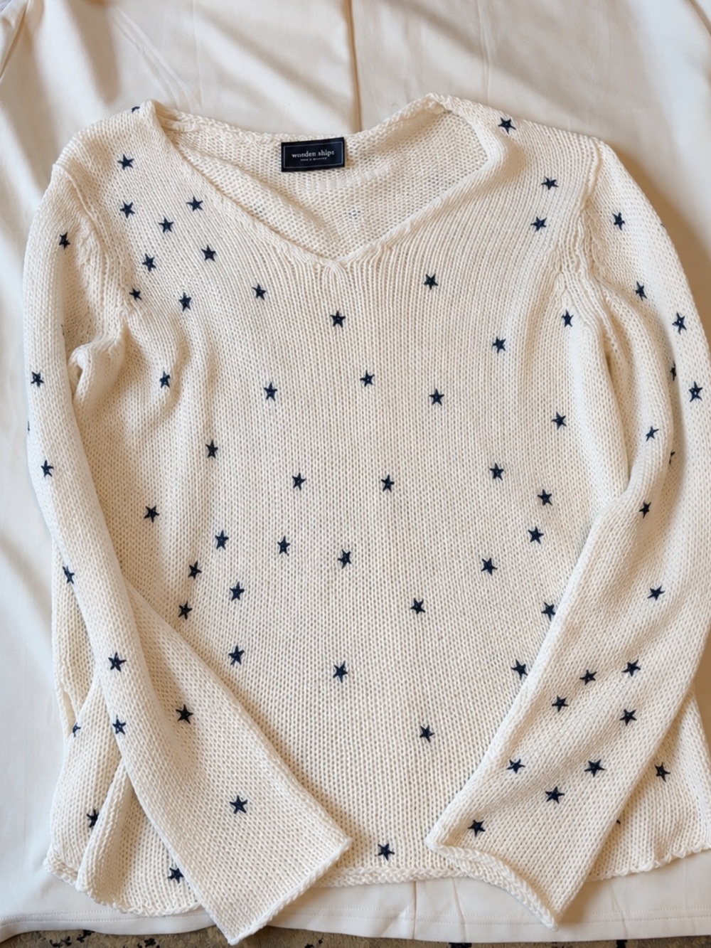 Wooden Ships Cream V-Neck Sweater with Navy Star Motif